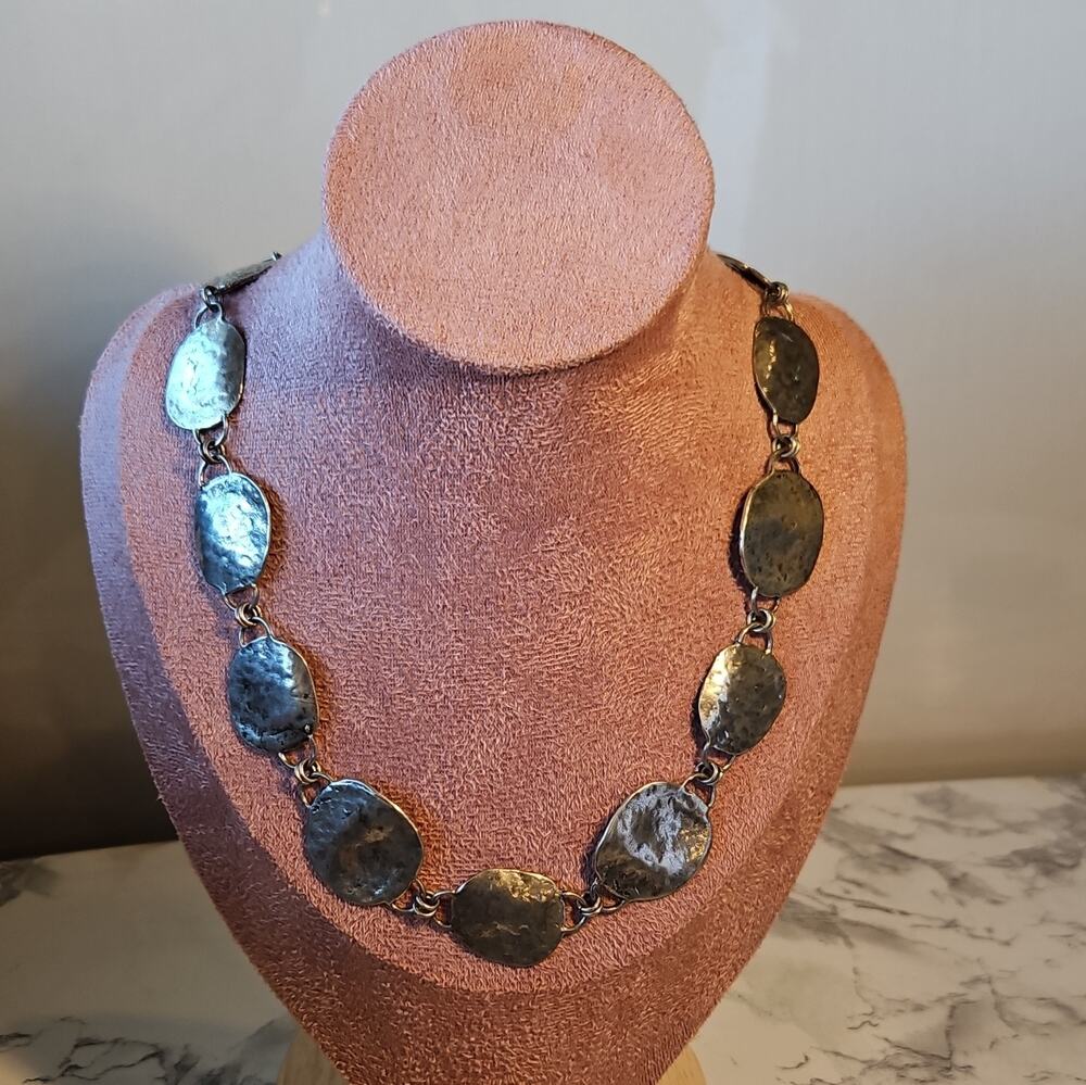 Vintage Hammered Silver Metal Disk Necklace Toggle 16in